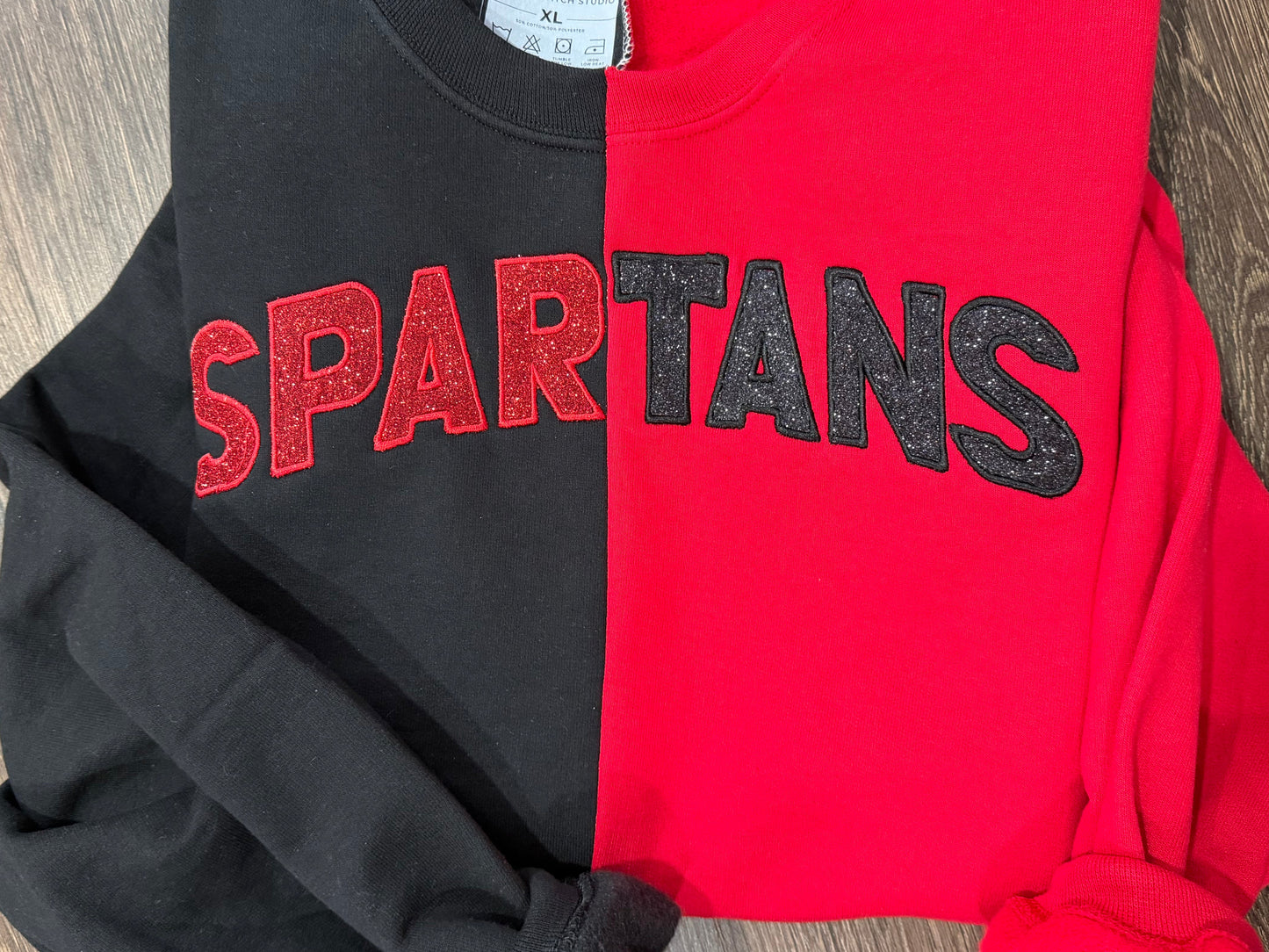 Spartans black/red split crewneck with glitter embroidery