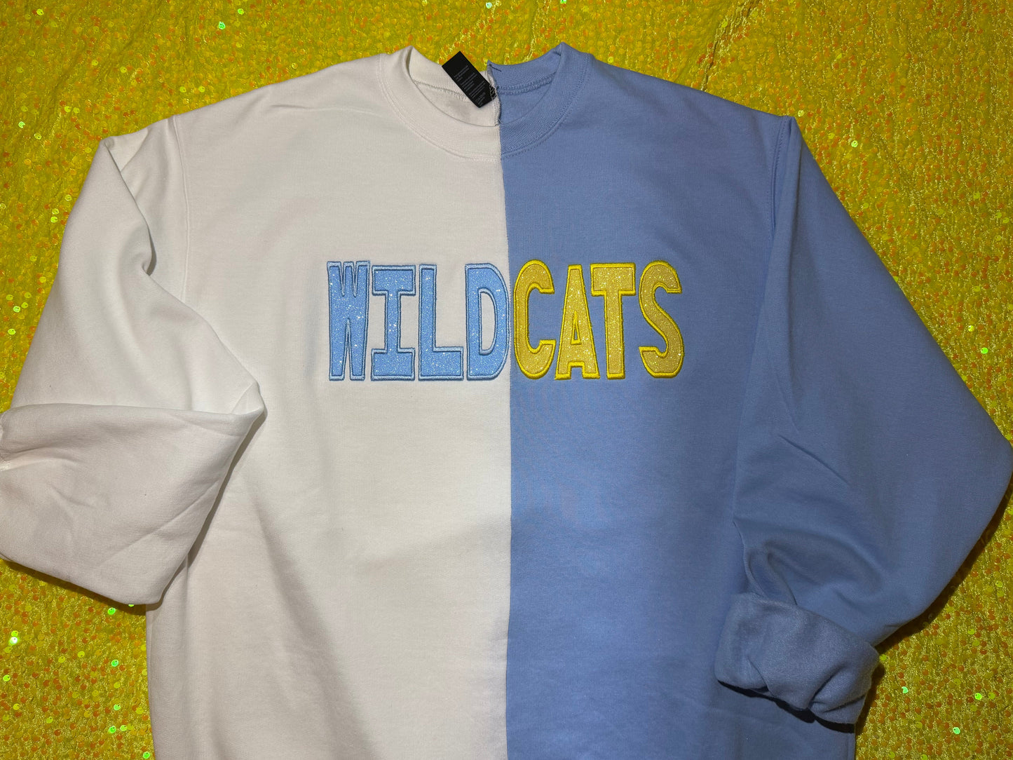 Wildcats split color crewneck with glitter embroidery