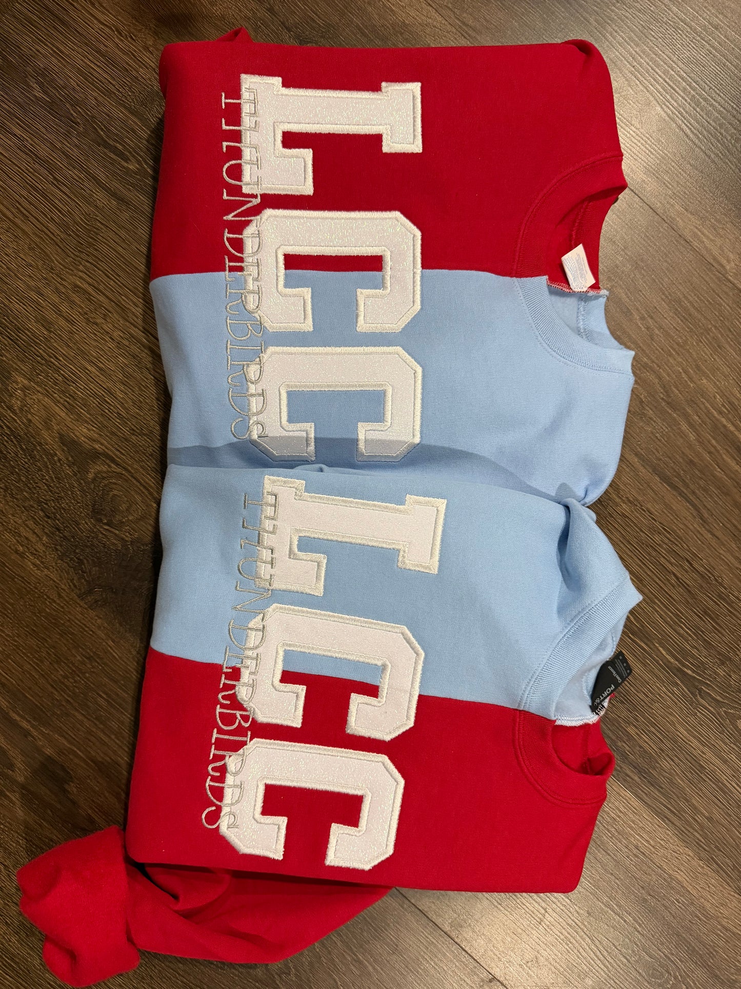 LCC thunderbirds split-color crewneck glitter embroidered