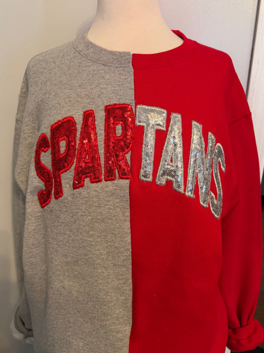 Two-tone Spartans crewneck with sequins and embroidery