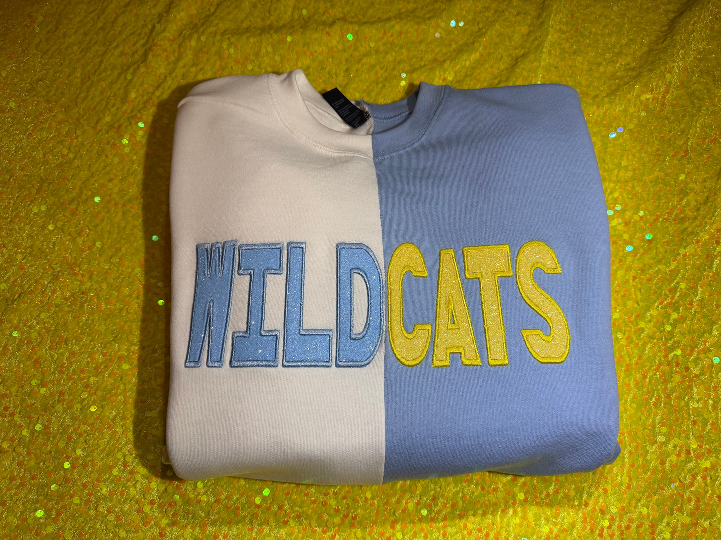 Wildcats split color crewneck with glitter embroidery