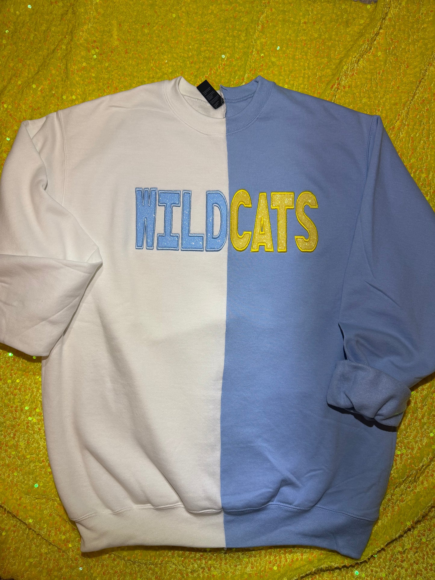 Wildcats split color crewneck with glitter embroidery