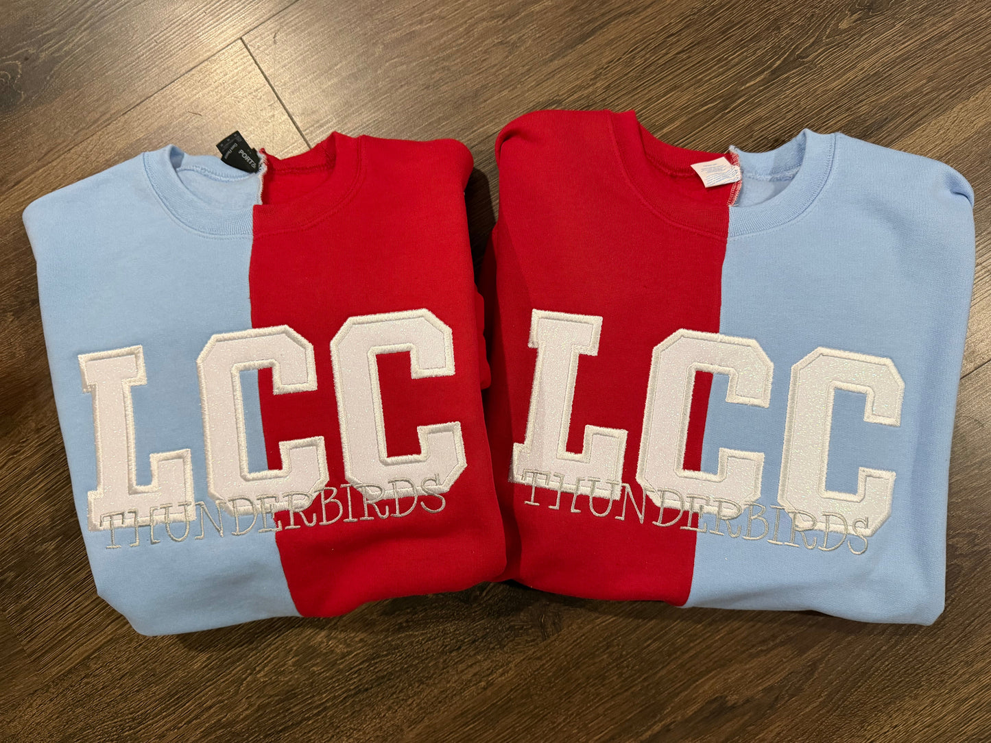 LCC thunderbirds split-color crewneck glitter embroidered