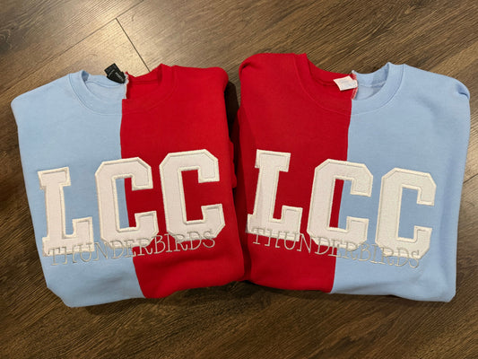 LCC thunderbirds split-color crewneck glitter embroidered